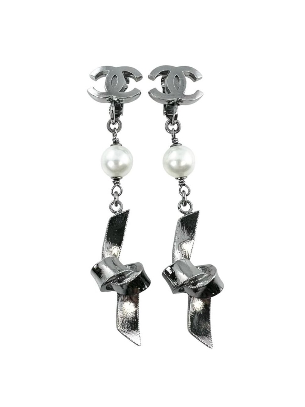 Chanel CC Logo Ribbon Motif Metal Faux Pearl Silver Earrings